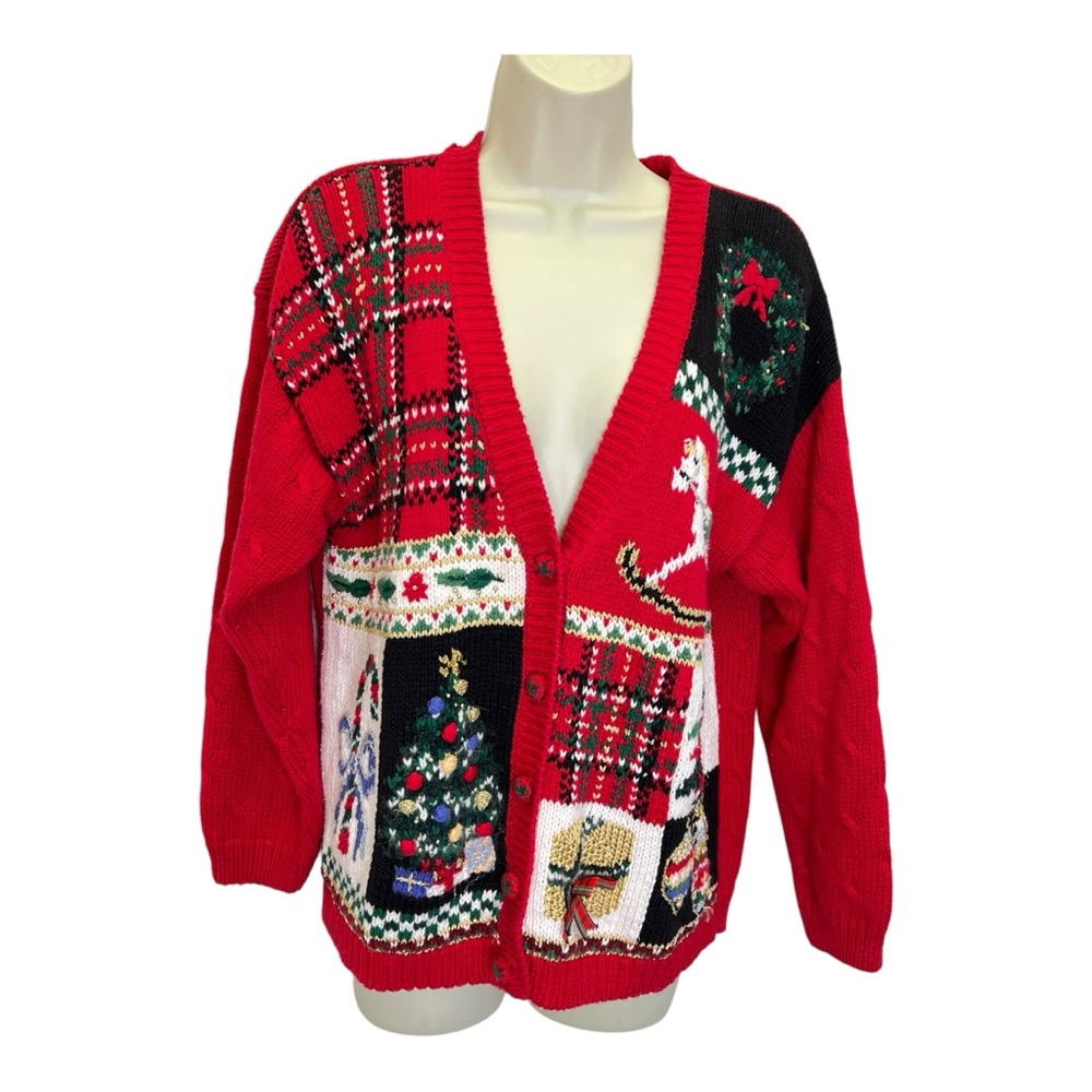 Vintage 90’s Tiara Petites Plaid Horse Tree Ugly Christmas Sweater Cardigan